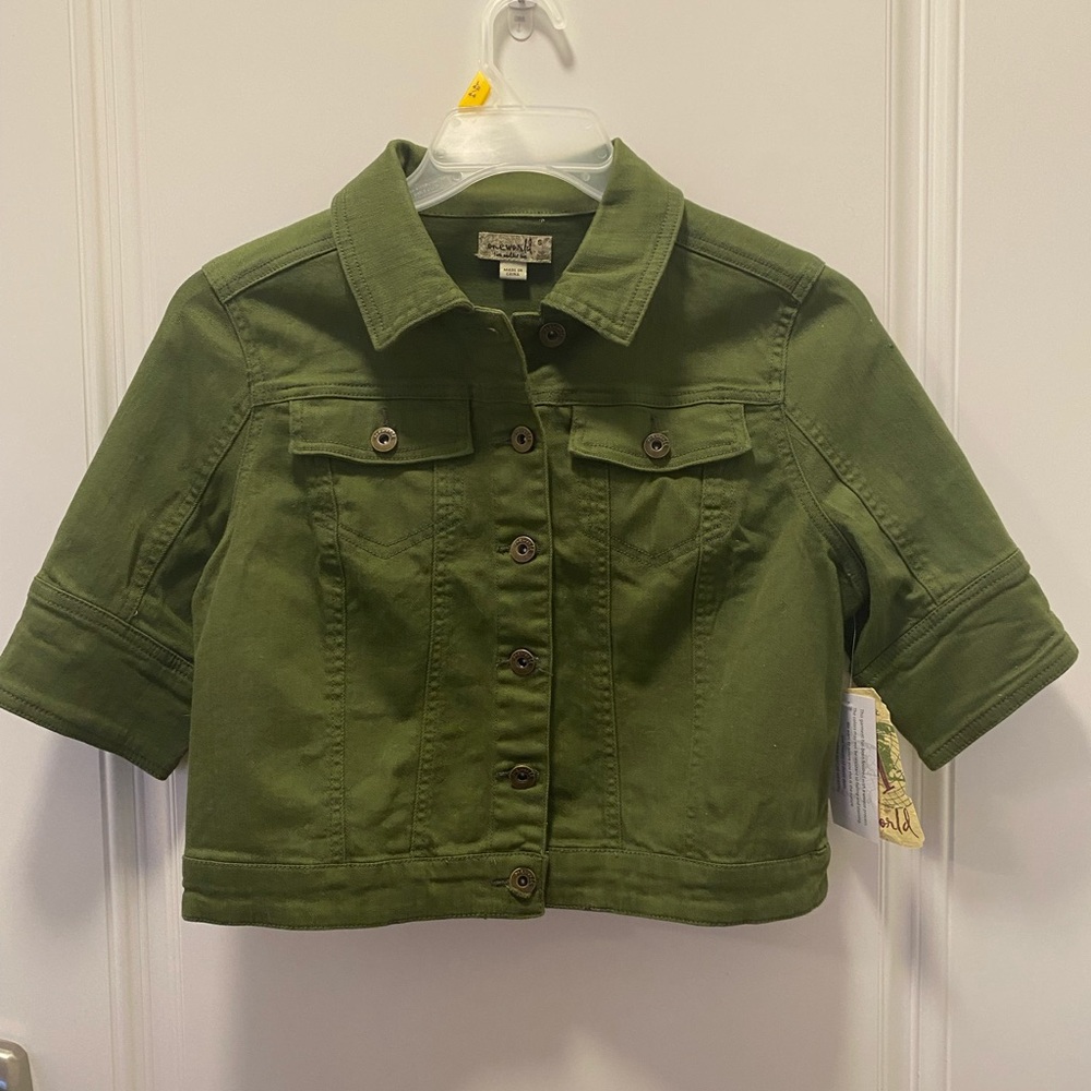 Women’s Cropped Denim Jacket One World Army Green - Picture 2 of 5